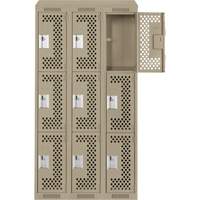 Clean Line Lockers, 3 -tier, Bank of 3, 36" x 18" x 78", Steel, Beige, Rivet (Assembled), Perforated Seaboard Timber Mart