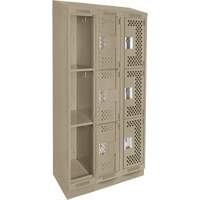 Clean Line Lockers, 3 -tier, Bank of 3, 36" x 18" x 82", Steel, Beige, Rivet (Assembled), Perforated Seaboard Timber Mart