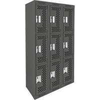 Clean Line Lockers, 3 -tier, Bank of 3, 36" x 18" x 72", Steel, Charcoal, Rivet (Assembled), Perforated Seaboard Timber Mart
