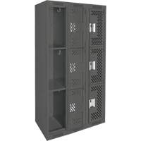 Clean Line Lockers, 3 -tier, Bank of 3, 36" x 18" x 72", Steel, Charcoal, Rivet (Assembled), Perforated Seaboard Timber Mart