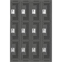 Clean Line Lockers, 3 -tier, Bank of 4, 48" x 18" x 72", Steel, Charcoal, Rivet (Assembled), Perforated Seaboard Timber Mart