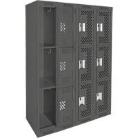 Clean Line Lockers, 3 -tier, Bank of 4, 48" x 18" x 72", Steel, Charcoal, Rivet (Assembled), Perforated Seaboard Timber Mart