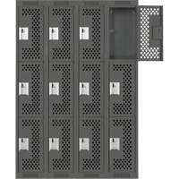 Clean Line Lockers, 3 -tier, Bank of 4, 48" x 18" x 72", Steel, Charcoal, Rivet (Assembled), Perforated Seaboard Timber Mart