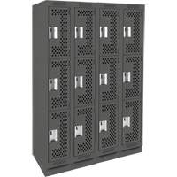 Clean Line Lockers, 3 -tier, Bank of 4, 48" x 18" x 76", Steel, Charcoal, Rivet (Assembled), Perforated Seaboard Timber Mart