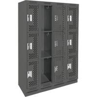 Clean Line Lockers, 3 -tier, Bank of 4, 48" x 18" x 76", Steel, Charcoal, Rivet (Assembled), Perforated Seaboard Timber Mart