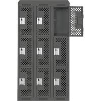 Clean Line Lockers, 3 -tier, Bank of 3, 36" x 18" x 78", Steel, Charcoal, Rivet (Assembled), Perforated Seaboard Timber Mart