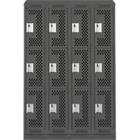 Clean Line Lockers, 3 -tier, Bank of 4, 48" x 18" x 82", Steel, Charcoal, Rivet (Assembled), Perforated Seaboard Timber Mart