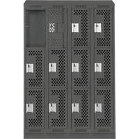Clean Line Lockers, 3 -tier, Bank of 4, 48" x 18" x 82", Steel, Charcoal, Rivet (Assembled), Perforated Seaboard Timber Mart