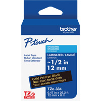 Ruban lamin&eacute; TZe-334 pour &eacute;tiqueteuses P-Touch compatibles avec les rubans TZe, Noir sur or, Largeur de 0,47" Seaboard Timber Mart