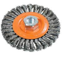 Wide Knotted Wire Wheel Brush, 4-1/2" Dia., 0.02" Fill, 5/8"-11 Arbor, Steel Seaboard Timber Mart