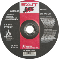 Depressed Center Cut-Off Wheel, 7" x 0.045", 7/8" Arbor, Type 27, Aluminum Oxide, 8500 RPM Seaboard Timber Mart
