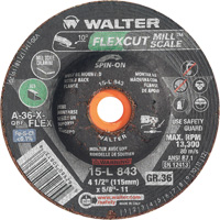 FLEXCUT MILL SCALE Grinding Wheel, 4-1/2", 36 Grit, Aluminum Oxide, 5/8"-11, 13300 RPM, Type 29 Seaboard Timber Mart